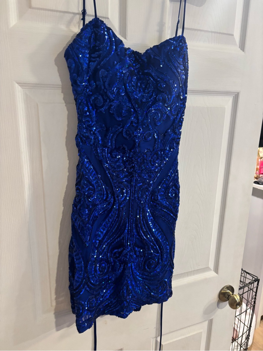 B Darlin Royal Blue Sequin Mini Dress with Spaghetti Straps